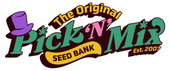 pick'n'mix logo with text in green, pink, and yellow wonka font. there is a purple hat on the first letter and a small cannabis leaf over the letter 'i'.