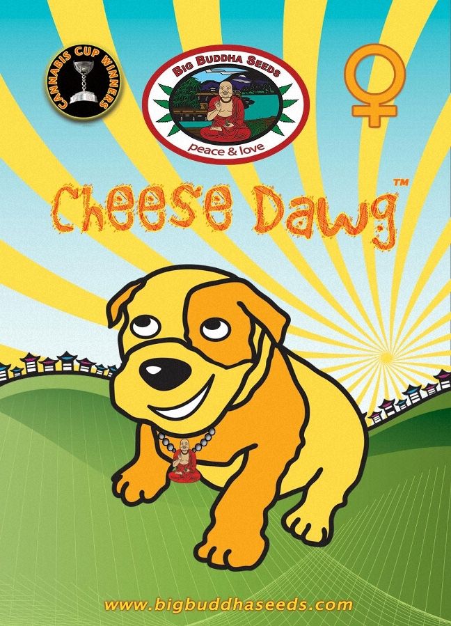 a picture of a dog with the words cheese dawg on it