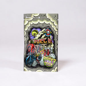 a card with a drawing of a motorcycle and a building