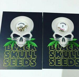 two black skull seeds are in a white bowl