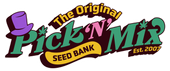 pick'n'mix logo with text in green, pink, and yellow wonka font. there is a purple hat on the first letter and a small cannabis leaf over the letter 'i'. 