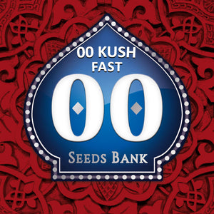 a red background with a blue sign that says 00 kush fast seeds bank