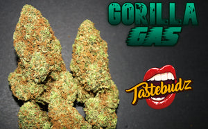 a pile of marijuana buds sitting next to a logo