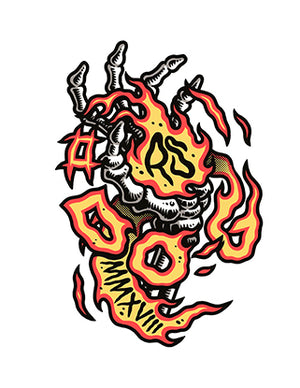 a drawing of a skull with flames on it
