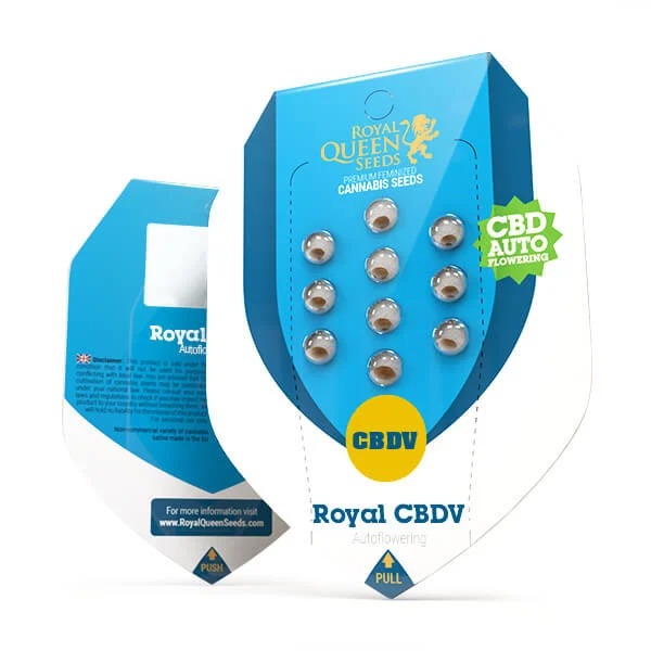 the royal queen cbdv is in a blue and white box