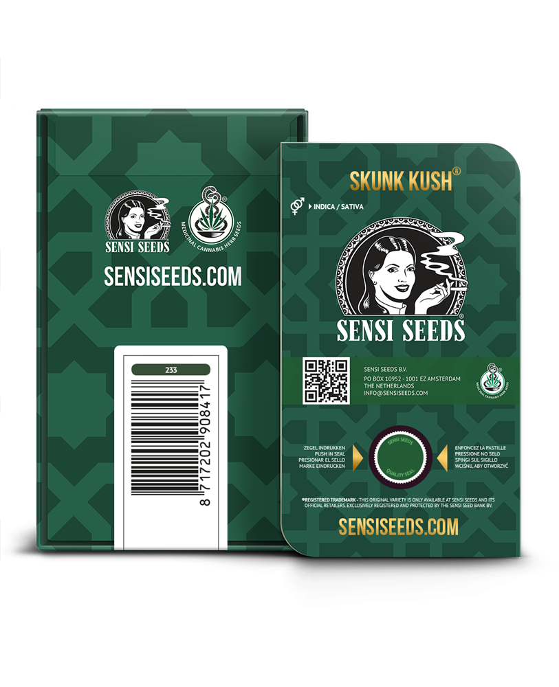 a package of skunk kush seeds on a black background